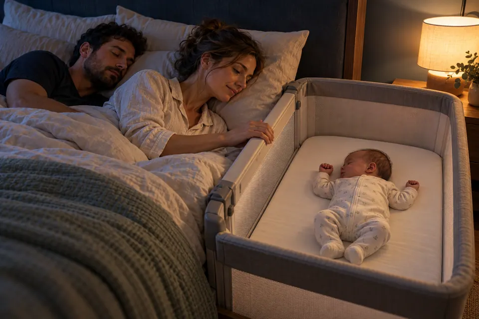 Parents endormis à côté du berceau cododo de leur bébé