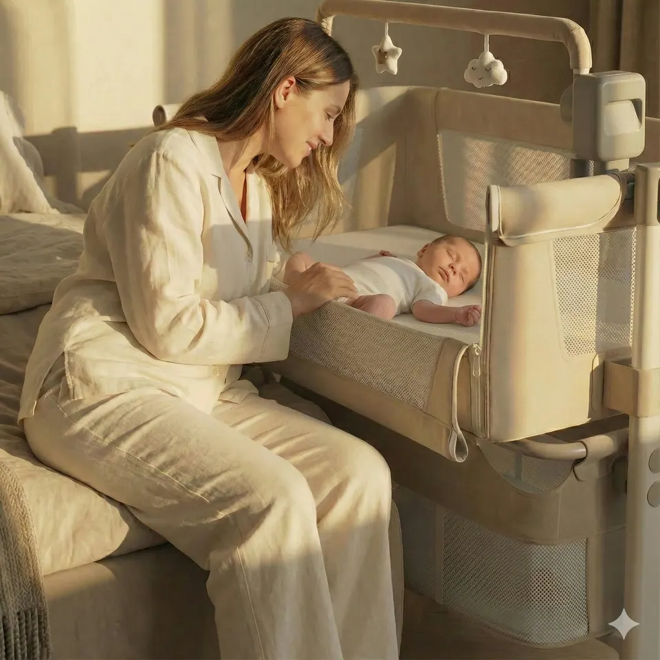 Une maman assise près du berceau cododo de son bébé